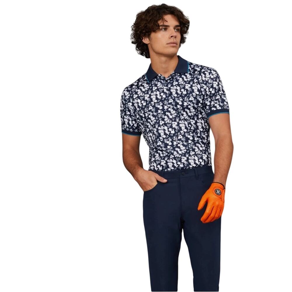 G/FORE Blossom Rib Collar Golf Polo Twilight Navy Floral Blue Size S